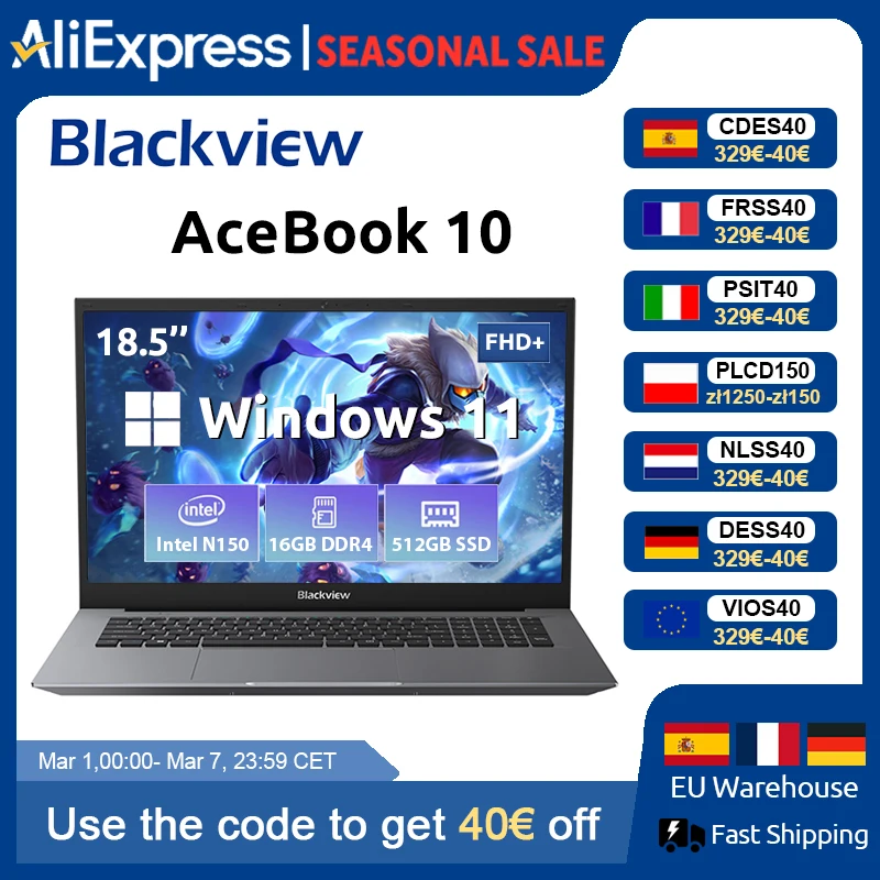 Blackview ACEBOOK 10 ordinateur portable 18.5 "FHD 8000mAh Intel N150 Windows 11 16GB RAM 512GB BT5.2 WiFi 6 ordinateur portable de bureau