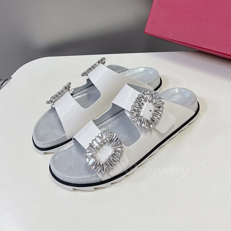 

Female Slippers Summer New Peep Toe Double Row Crystal Buckle Decoration Lady Beach Shoes Full Of Advanced Sense Slippers