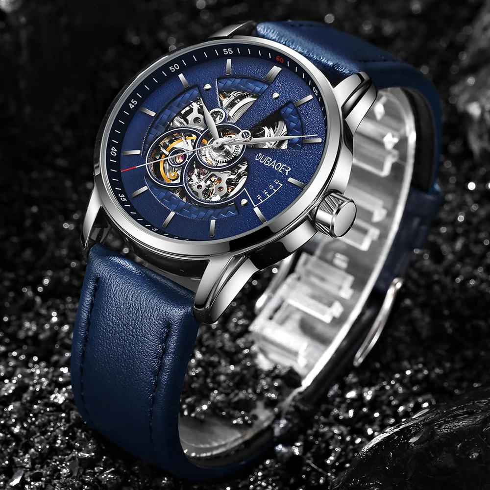 Mens Watches Mechanical Automatic Tourbillon Self Winding Blue Leather Sport skeleton Wristwatches mechanical watch