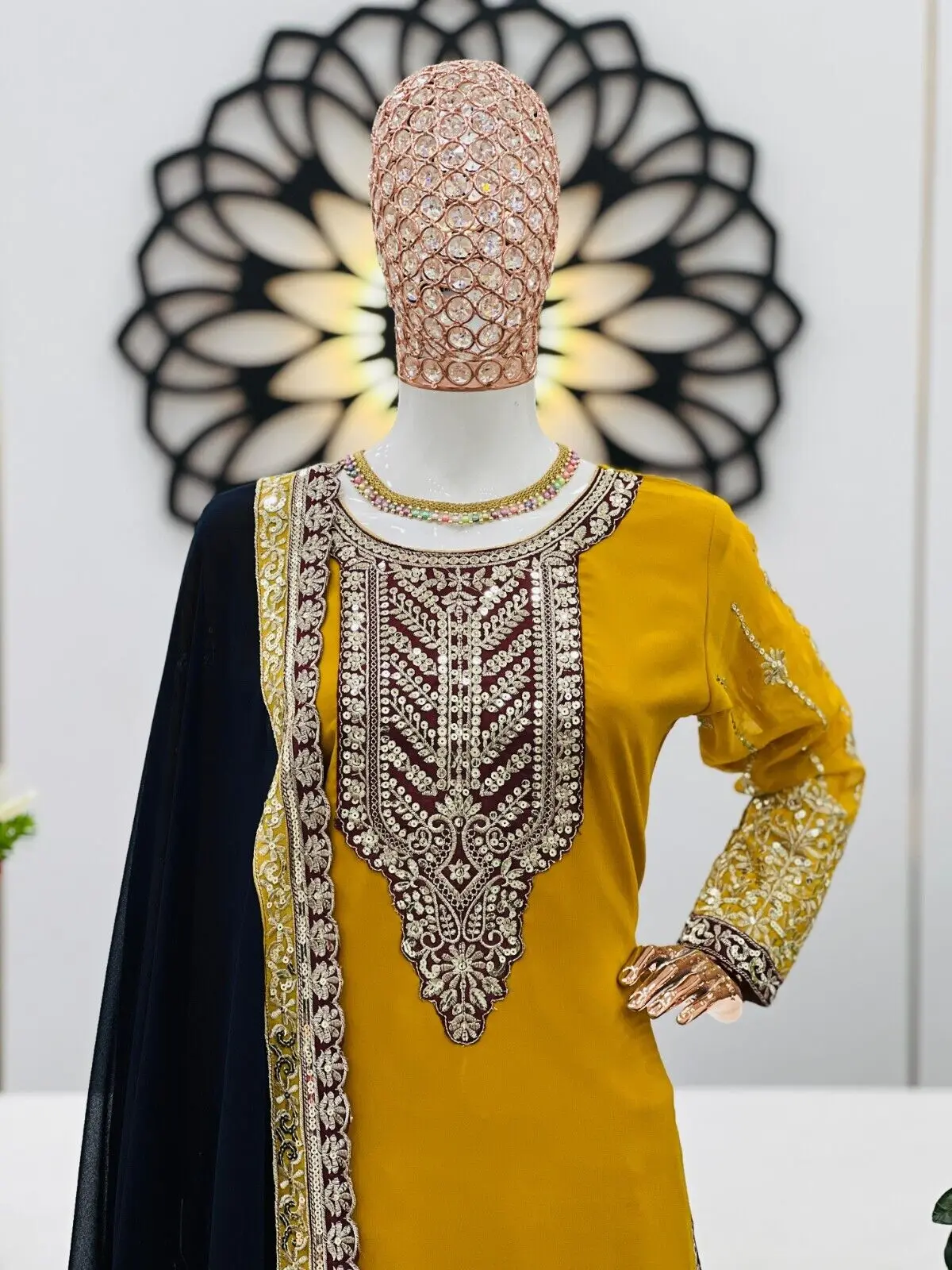 Salwar Kameez Full-Sleeve Round Neck Long Sleeved Sharara Heavy Faux Georgette with Embroidery Indian Ethnic Traditions