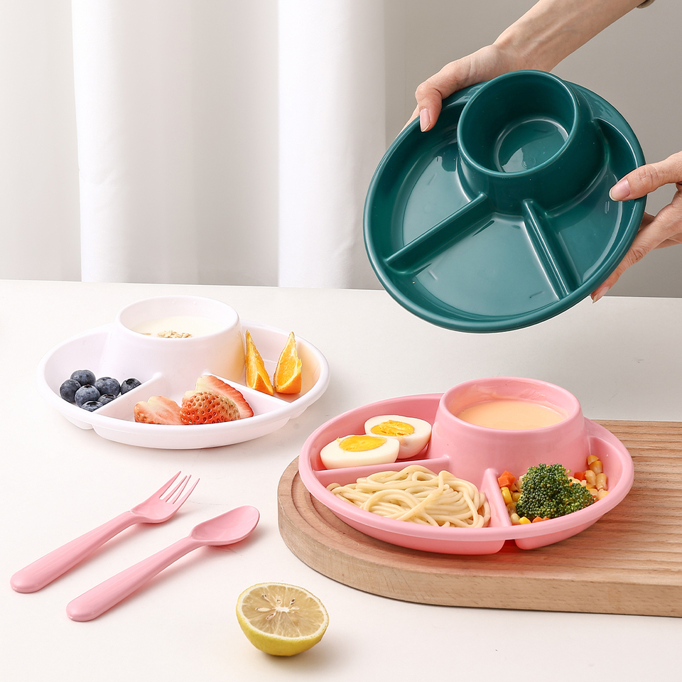 WORTHBUY Round Plastic Food Plate With Fork Spoon Microwave Bread Dessert Plates Dishes Reusable Fruit Salad Plates For Kitchen
