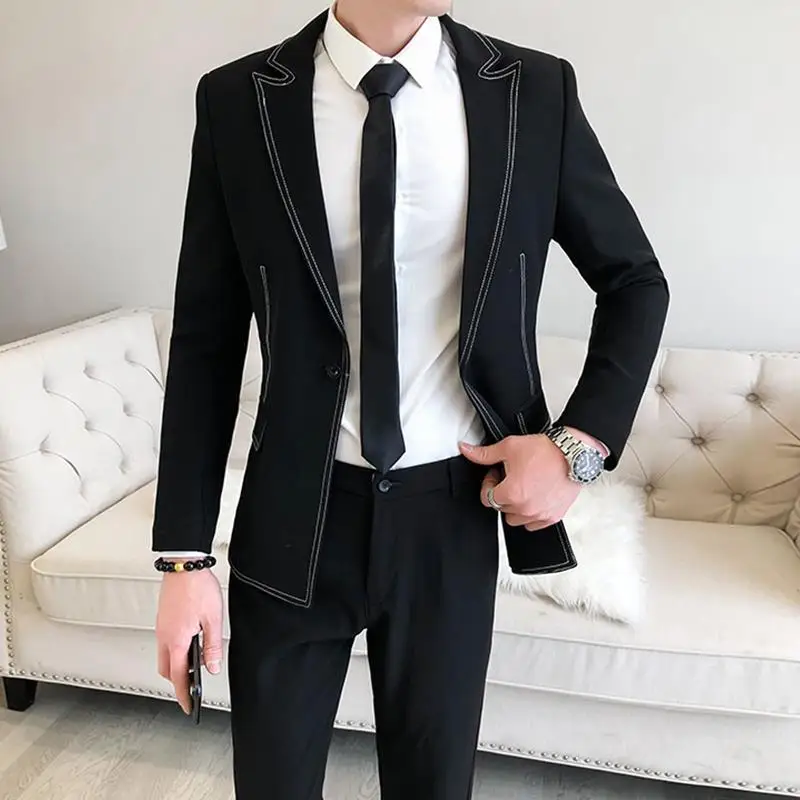 

2022 New Arrival Men Chic Long Sleeve Blazer Male Two-piece Suit Overcoat Men's Fashion Solid Color Jacket Clothing H235