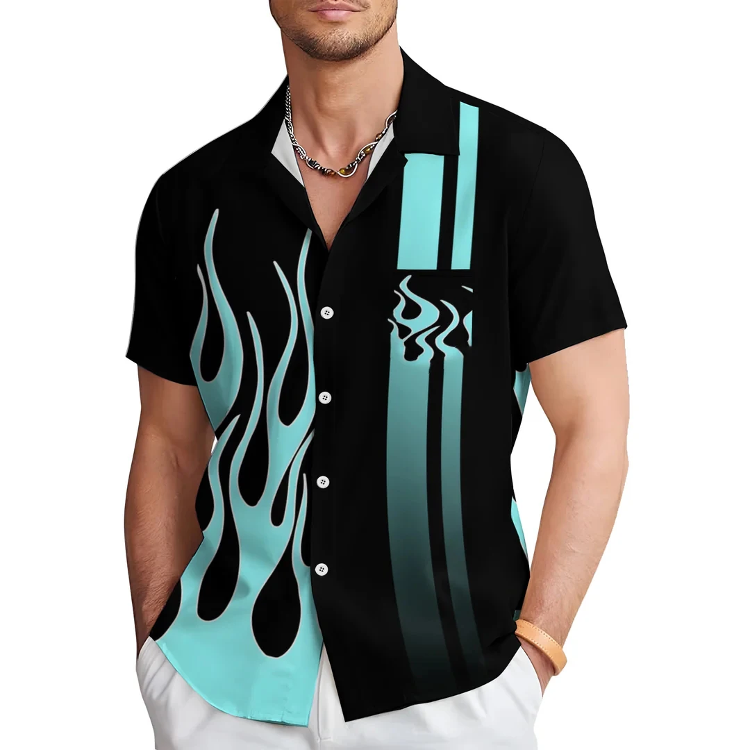 

Men's Shirt Striped Flame Pattern 3D Printed Striped Casual Short Sleeve Shirt Hawaii Summer Fashion Versatile Loose Large Size
