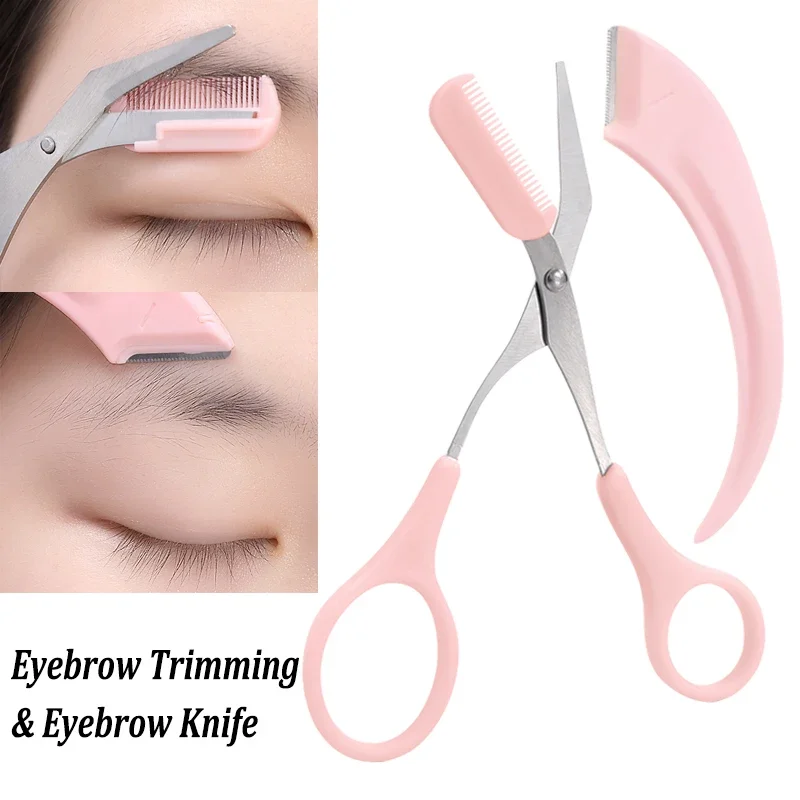 Eyebrow Trimmer Set 2PCS Portable Brow Comb Scissors Eyebrow Knife Women Professional Face Shaver Hair Removal Razor Makeup Tool