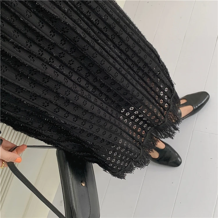 Hollow Lace Knitted Skirt Tassels Pleated Long Skirts Korean Elegant Casual Elastic High Waist Skirt Black Apricot Spring Summer white pleated skirt