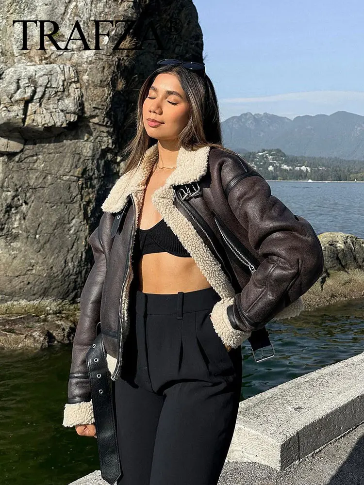

TRAFZA Women Faux Leather Zipper Jacket Vintage Belt Hem Turtleneck Long Sleeve Coat Women Winter Fleece Thick Warm Outerwear