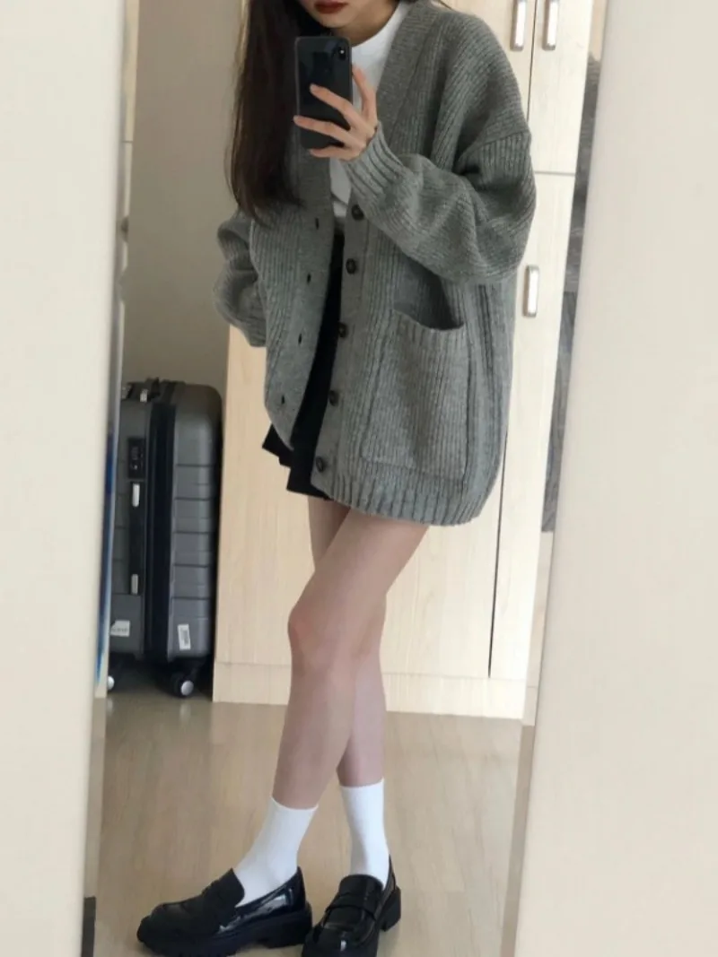 Women Sweater Cardigans Coats Autumn Winter Fashion Female Long Sleeve V-neck Loose Knitted Jackets Casual Cardigan Sweaters