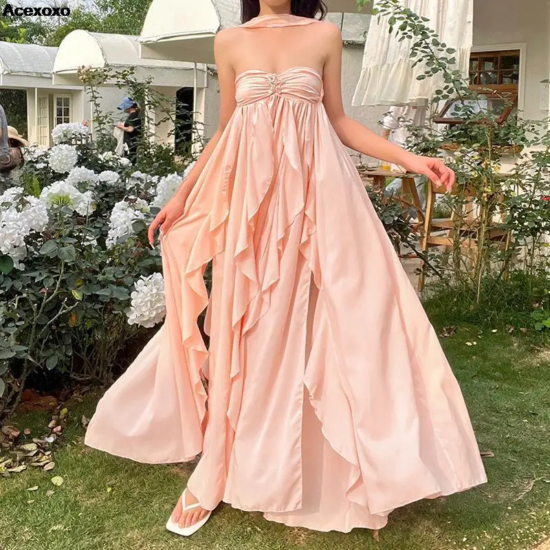 

Summer new women's strapless halter V-neck irregular skirt spice halter top dress