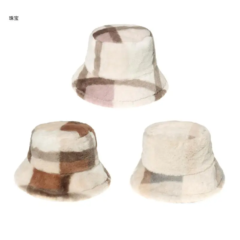 

X5QE Lattice Plush Basin Hat Warm Hat Outdoor Trend Fashion Fall Winter Hipster
