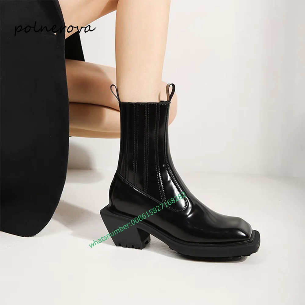 

Newest Square Toe Leather Ankle Boots Solid Thick Sole Chunky Heel Fashion Banquet Party Shoe for Women 2024 Spring Elegant Sexy
