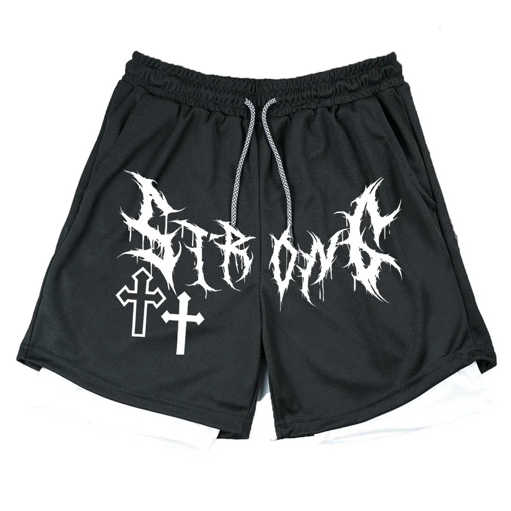 Men's Double Layer 2-in-1 Shorts Summer Gothic High Street Shorts Compression Quick Dry Breathable Fitness Joggers Casual Short 2