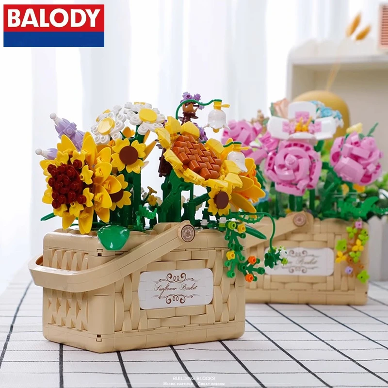 

BALODY Rose Sunflower Building Blocks Flower Basket Ornaments Flower Assembly Model Send Valentine's Day Gift to Girlfriend