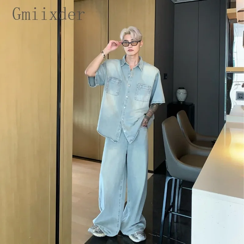 남성용 아메리칸 니치 올드 워싱 숄더 패드 셔츠, 한국 스타일 라펠 반팔 데님 ..