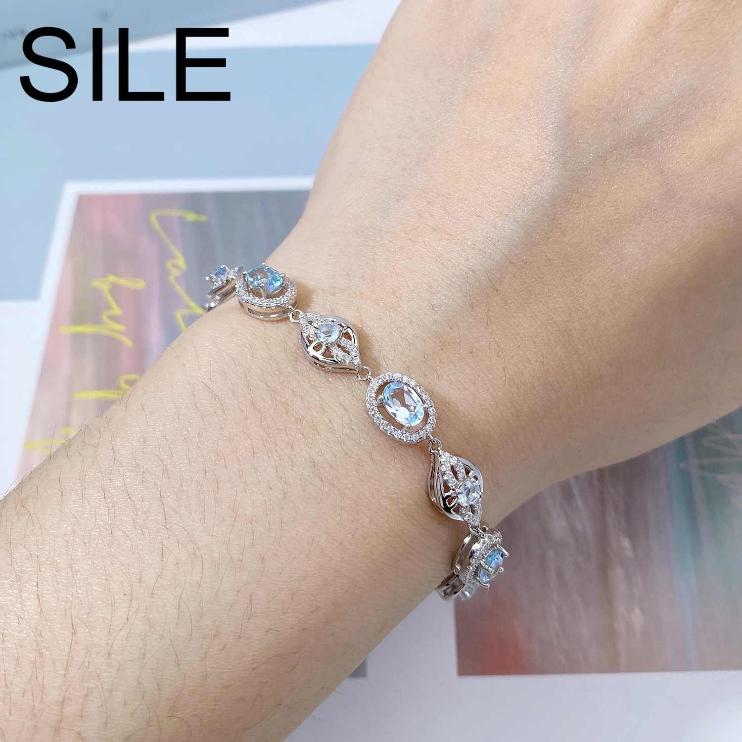 

SILE 100% 925 Sterling Silver Adjustable Women's Bracelets Natural Blue Topaz Inlay Bangle Luxury Tennis Bracelet Party Jewelry