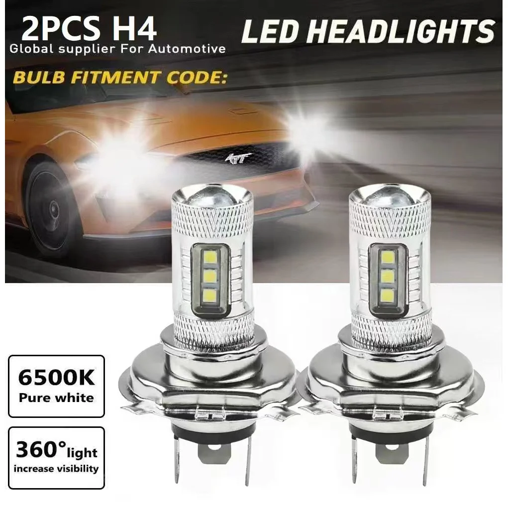 2팩 H4 울트라 화이트 LED 헤드라이트 6500K 고광도 LED 80W, 12V-24V, 80W, LED 헤드라이트, 2팩, 배터리 없음