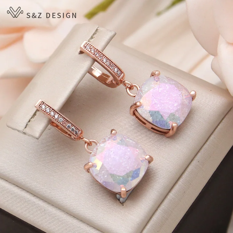 S&Z DESIGN New Fashion Cubic Zirconia Ice Crack Square Crystal Dangle Earrings For Women Jewelry 585 Rose Gold Color Eardrop