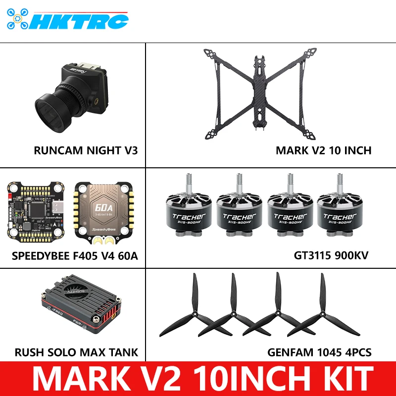 Mark4 V2 10 인치 프레임 키트, SpeedyBee F405 V4 스택 60A FPV GT3115 900KV 브러시리스 모터, RC 러시 솔로 탱크 젬팬 1045 프로펠러