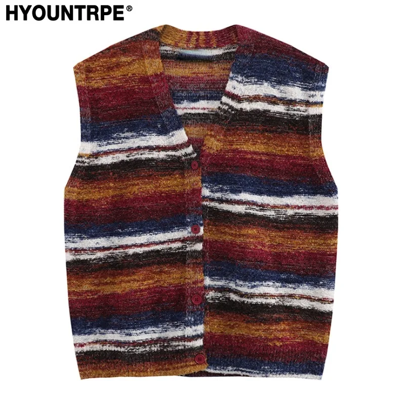 Fashion Colored Striped Knitted Vest Sweaters Unisex Harajuku Casual Single Breasted Vests Streetwear Sweater Jumper Knitwear