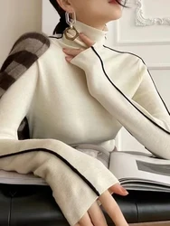 Contrast Color Turtleneck Knitwear Sweater - Women's Autumn Fashion Pullover - One Size (WHITE)