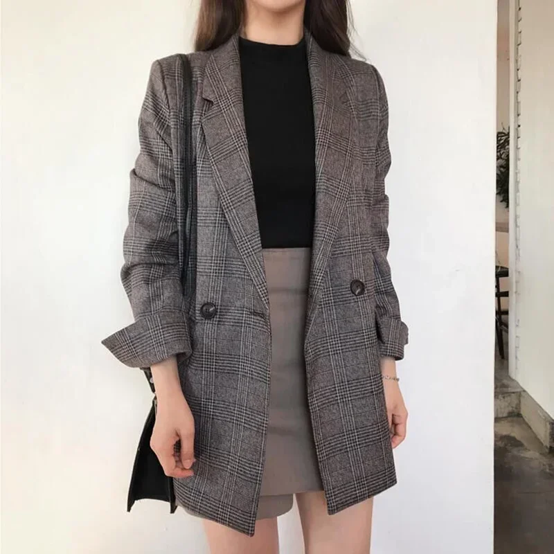 Women Plaid Blazers Coats Korean Elegant Thick Jacket Female Double Breasted Office Lady Fashion Long Overcoat Drop Shipping