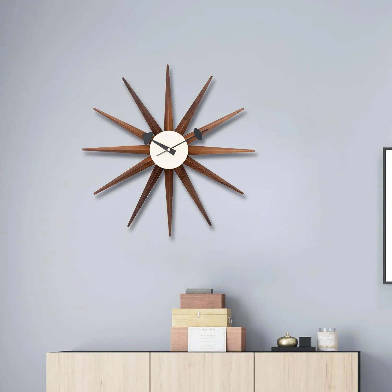 Mid Century Wall Clock Walnut Wooden Starburst Clock Replica