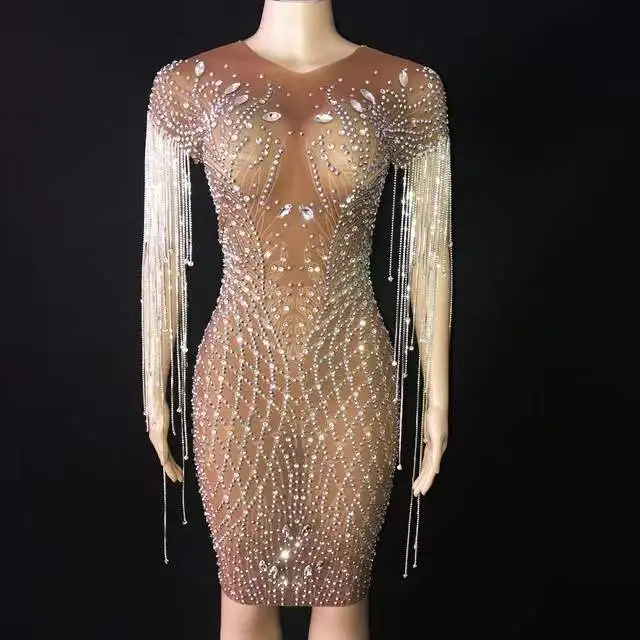 

Singer Nightclub Dance Outfit Flashing Crystals Chains Rhinestones Dress Birthday Party Celebrate Costume Stones Fringes Outfit