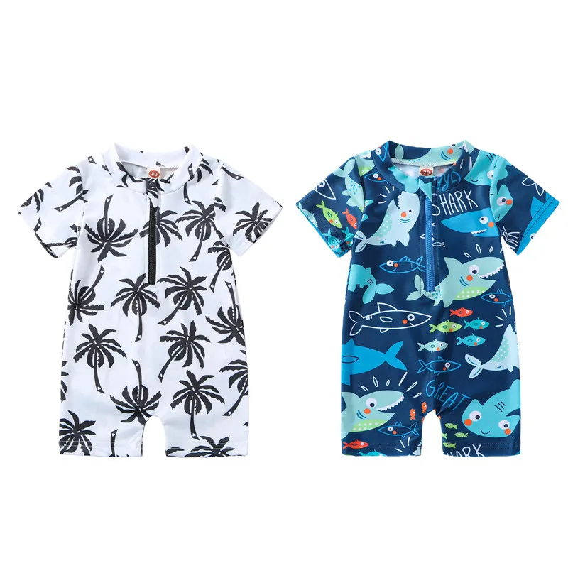 

Newborn Baby Infant Boys Swimsuit with Hat Cartoon Tree Print Short Sleeve Round Neck Half Zipper Jumpsuit Bathing Suit