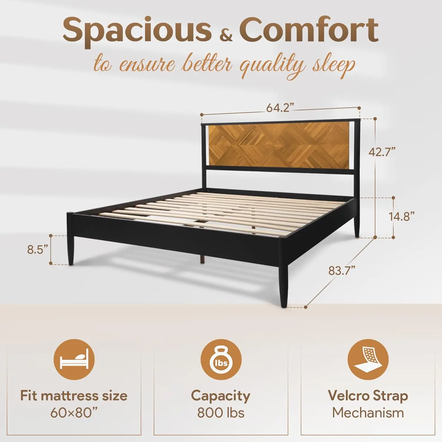 Queen Size Heavy Duty Platform Bed Frame with Headboard,Solid Wood Bed Frame, No Box Spring Needed, - Queen - Teak Brown 2