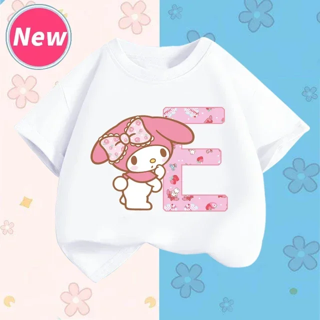 thumbnail image 1 of Camiseta de manga corta para niños con letras de la A a la Z de My Melody Anime, camiseta de algodón de verano para niños de Sanrio, regalo de cumpleaños kawaii suave con forma de corazón para niñas, 1 of 5