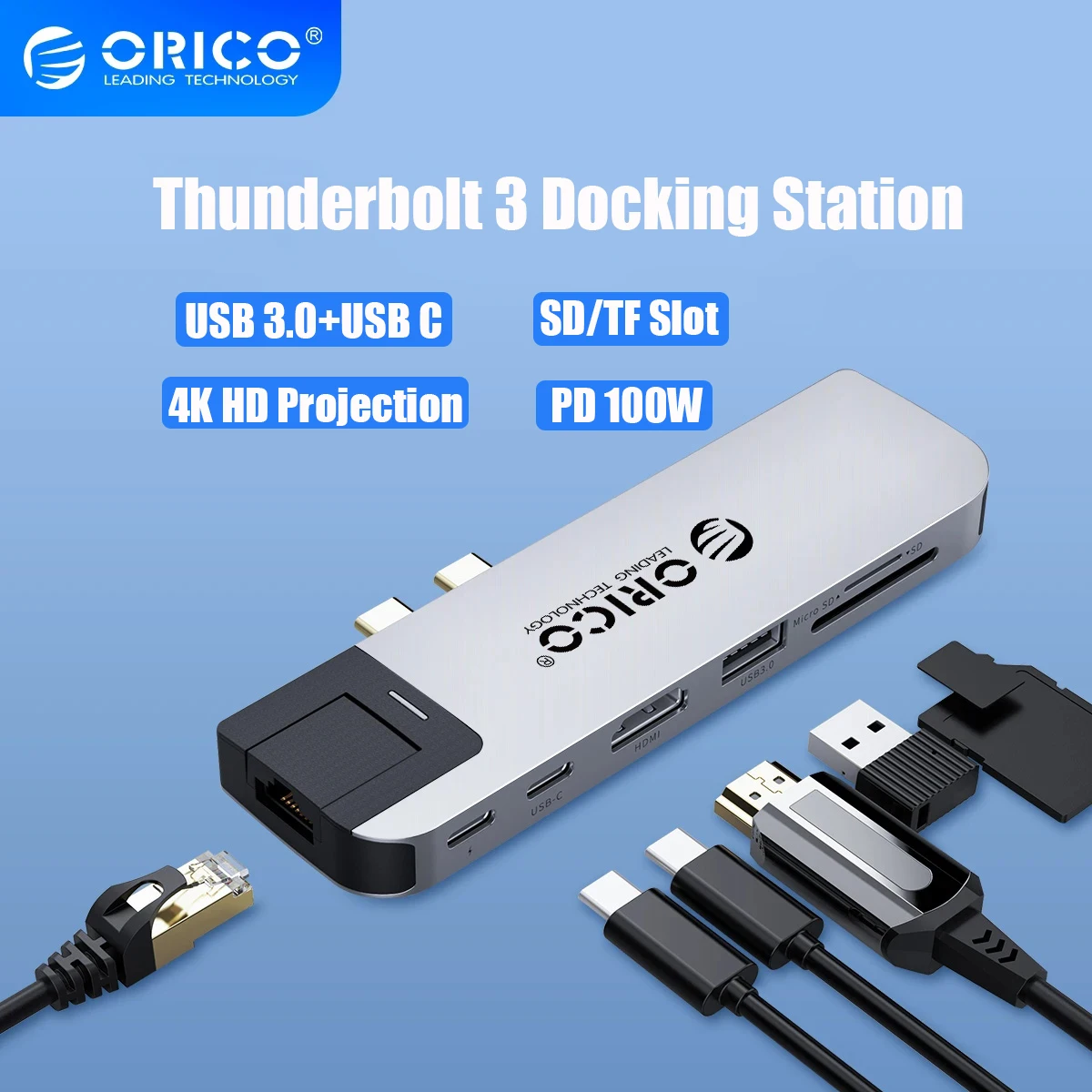 

ORICO USB Type C HUB Dual USB-C To 8K HDMI-Compatible RJ45 USB3.0 PD SD TF Reader for MacBook Pro Air Adapter Thunderbolt 3 Dock