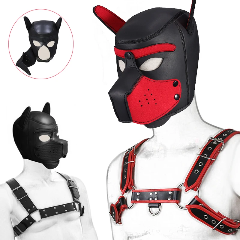 Puppy play masker en bdsm bondage borsttuig voor heren_voghion.com