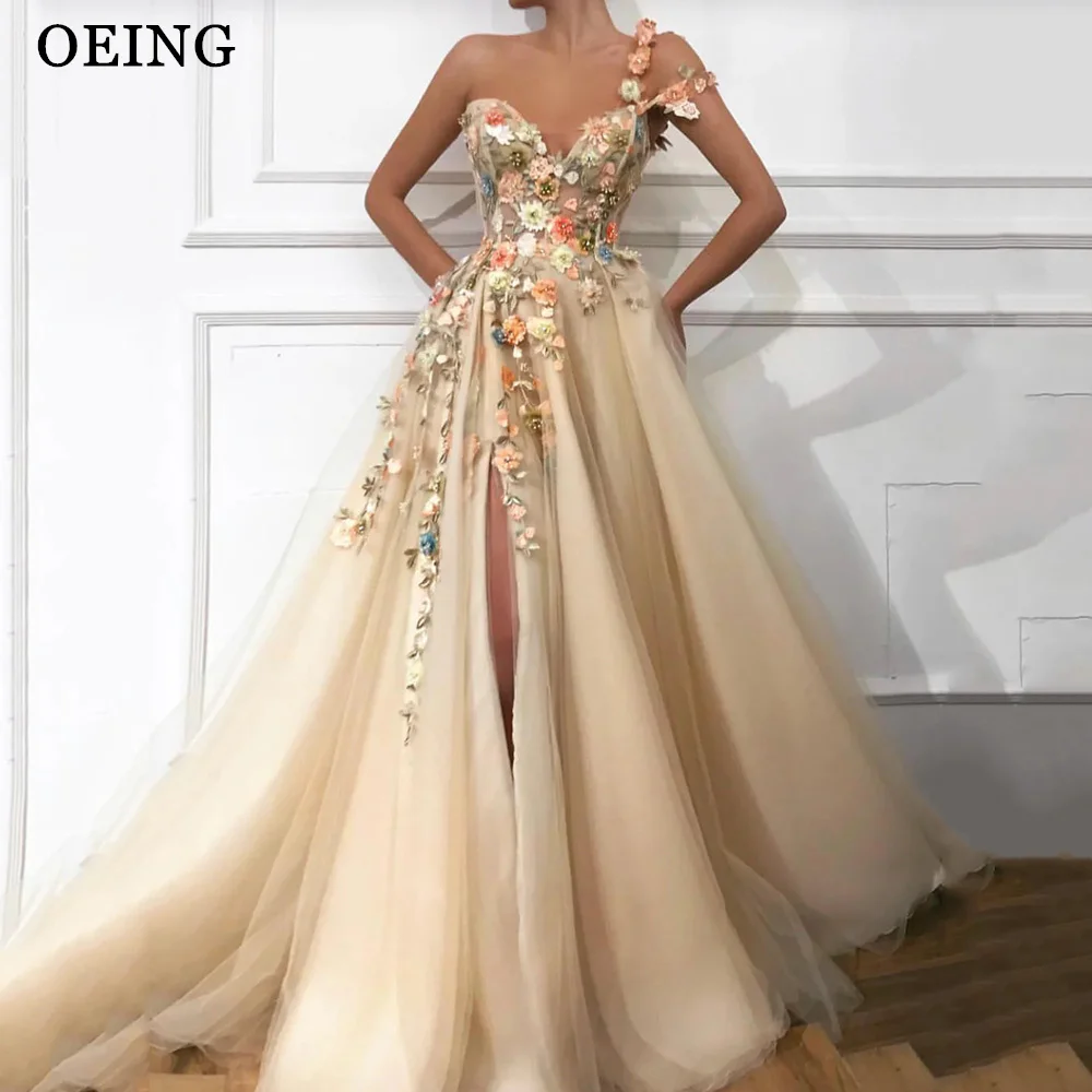 

OEING Fairy One Shoulder Evening Dresses Ldyllic Tulle Side Split Appliques Pleats Prom Gowns Elegant Wedding Party Dress