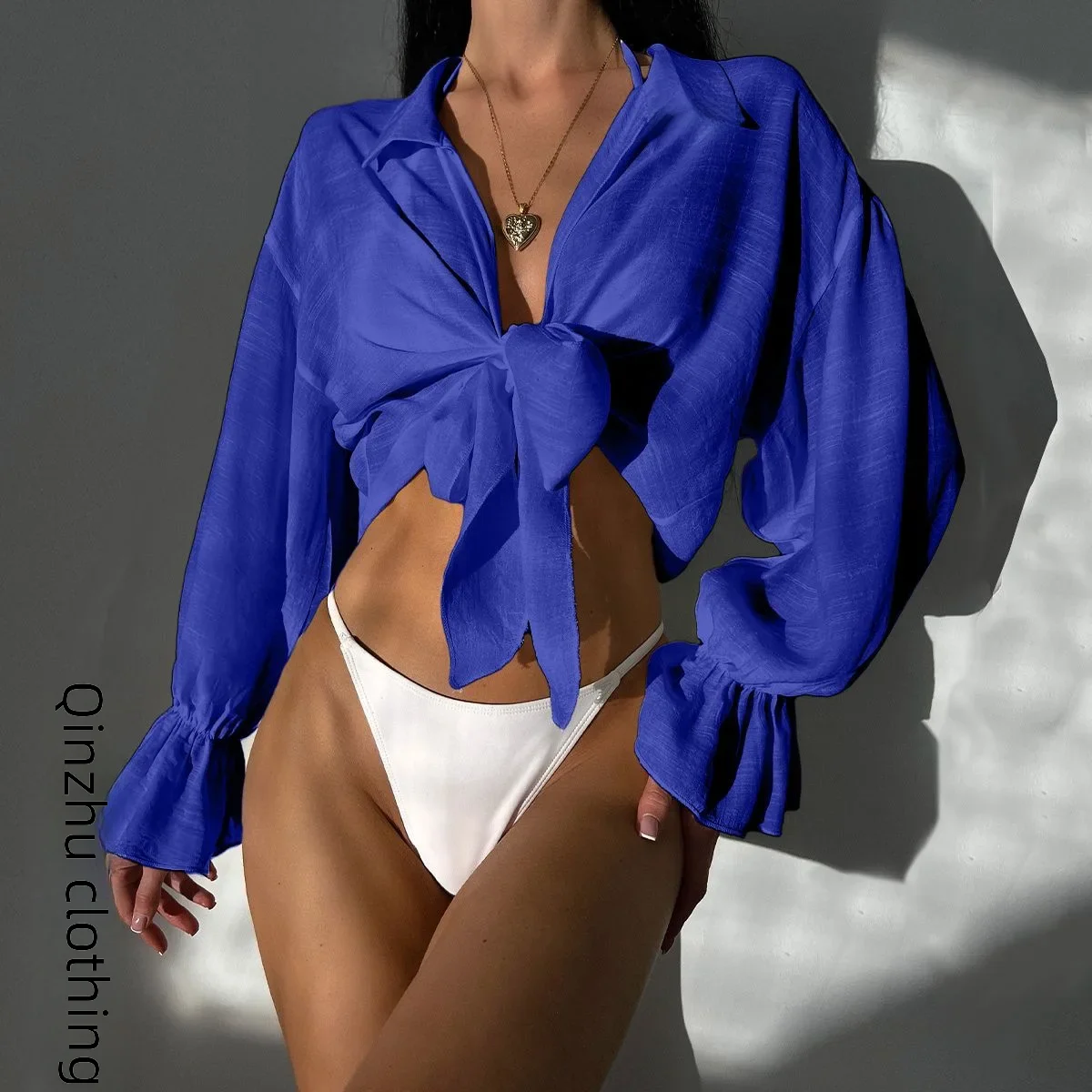 thumbnail image 1 of Camisa de protección solar de manga larga de Amazon para mujer, material de algodón de bambú, para playa transfronteriza, protección solar, correa positiva, 1 of 5