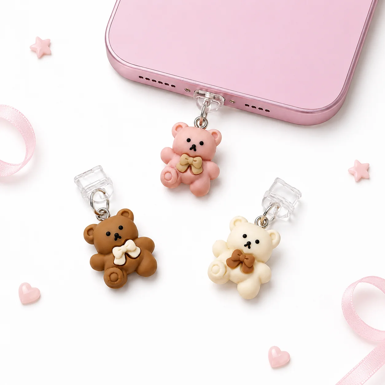 3Pcs 귀여운 3D 곰돌이 모양 휴대폰 먼지 방지 플러그, 브라운/핑크/크림, 아이폰 타입-C 안드로이드용, 먼지 방지 포트 참 장식 액세서리