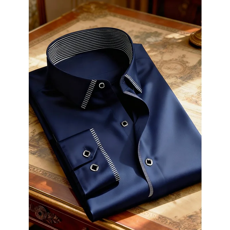 2025 جديد الرجال المرقعة قميص فساتين راقية سهرة كم طويل الذكية عادية أربعة الموسم رجل مايكرو مطاطا القمصان