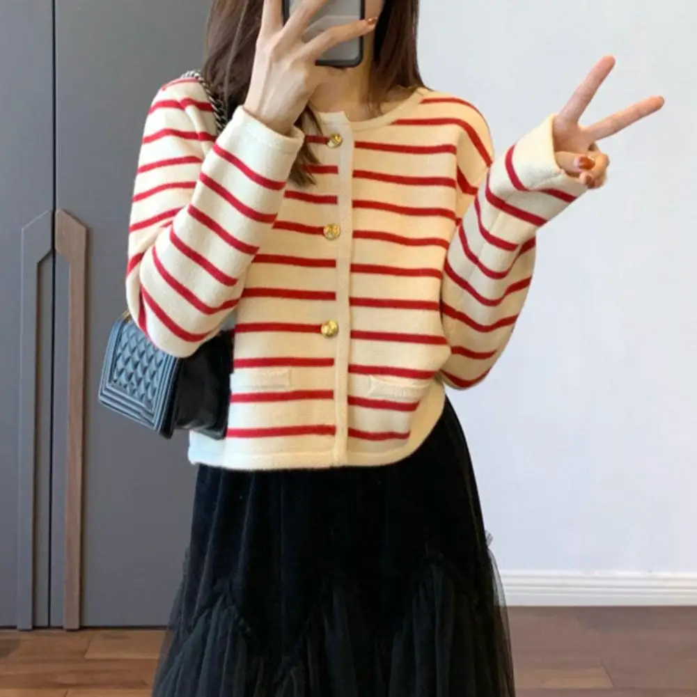 

Lady Fall Sweater Coat Chic Women's Striped Knit Cardigan Cozy Stylish Sweater Coat for Fall/winter with Single-breasted Design