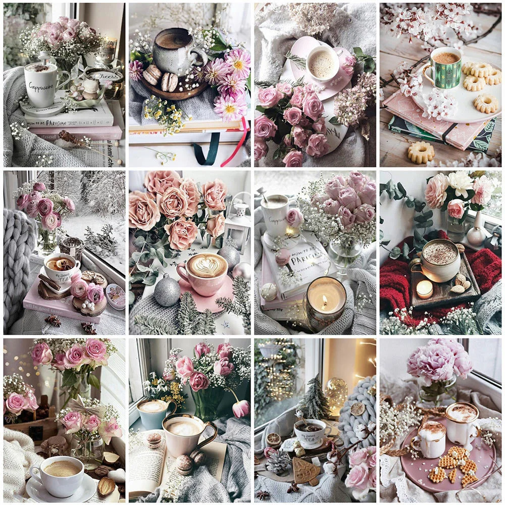 Diamond Painting Evershine Flower Pink Full Square Round Diamond Embroidery Coffee Cup Cross Stitch DIY Wall Decor