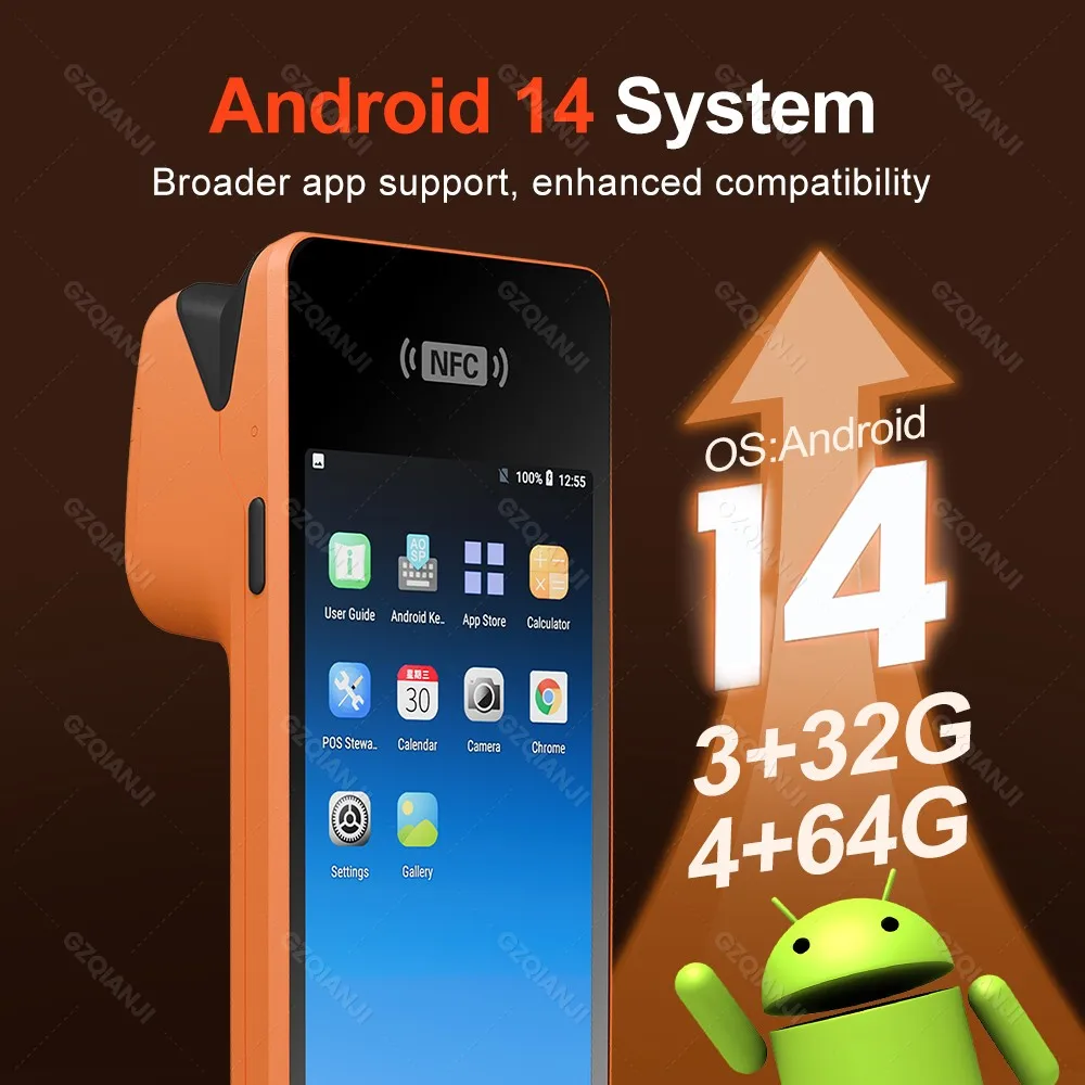 안드로이드 14 PDA 단말기 POS, 58mm 감열식 영수증 프린터, 올인원 NFC 2D 스캐너, 로이베스 소매점용 머신