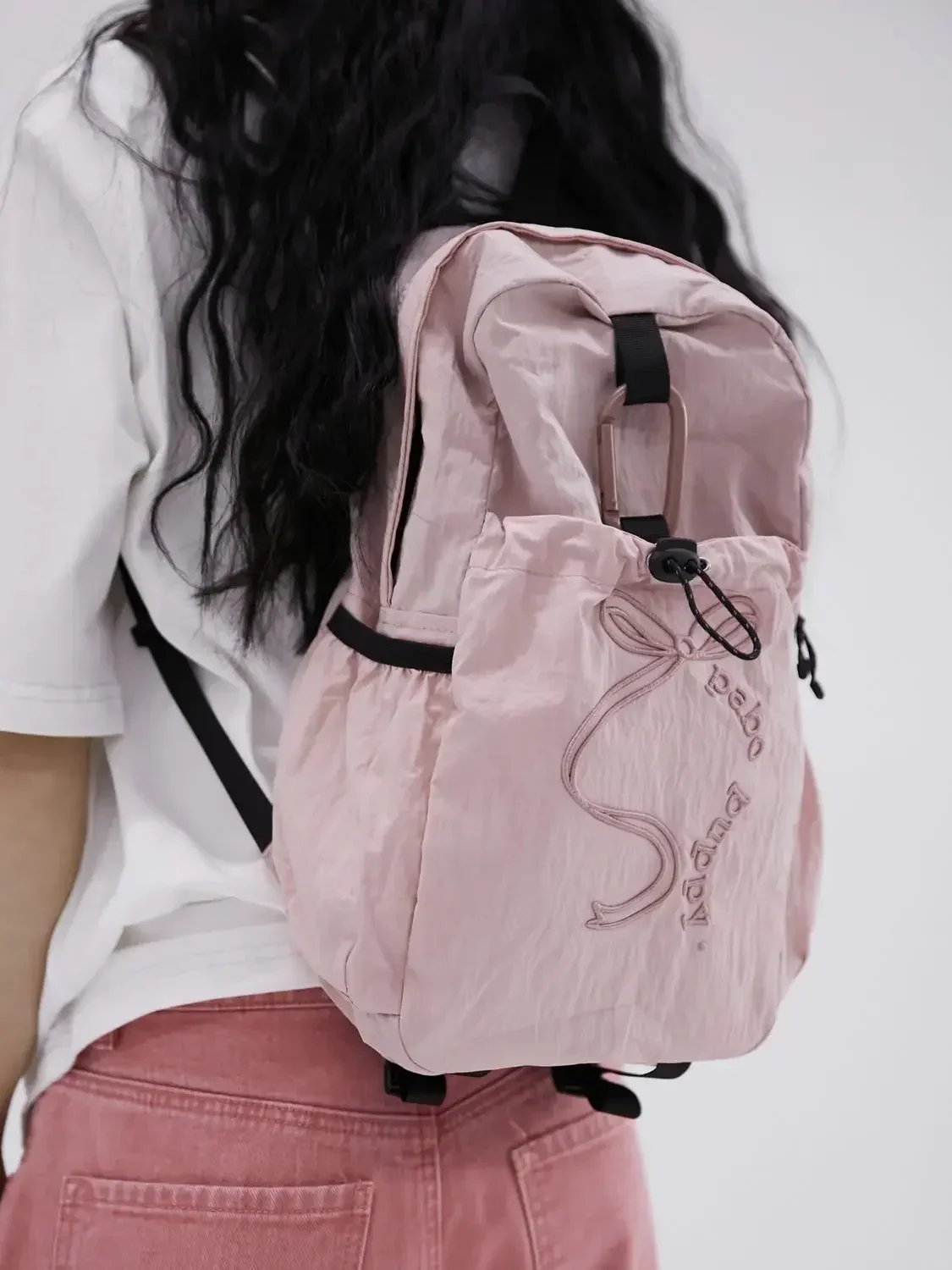 

Korean Dark Pink Bow Letter Embroidered Women Backpack Large Capacity Leisure Simplicity College Commuting Student Schoolbags