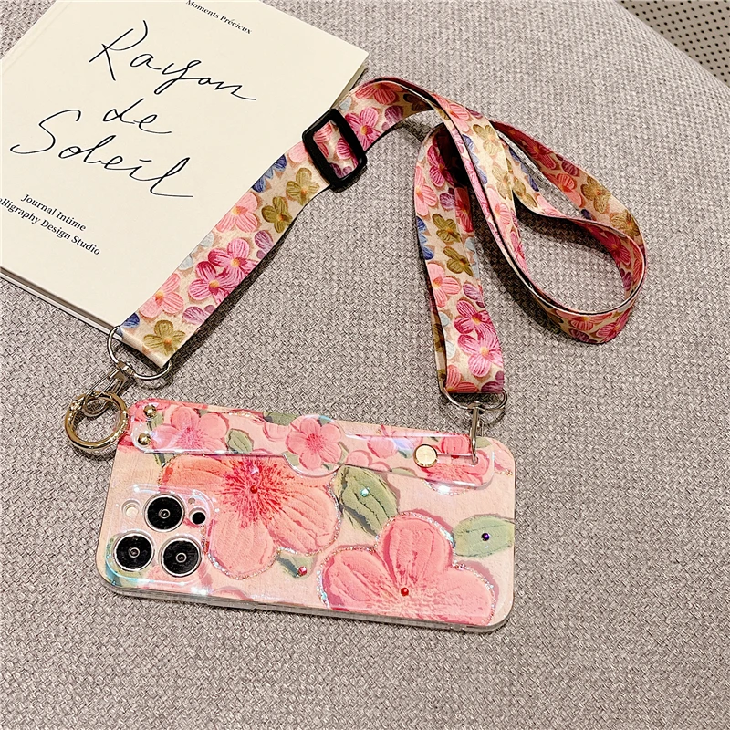 Elegant Floral Diamond Soft Cover with Crossbody Lanyard and Wrist Strap