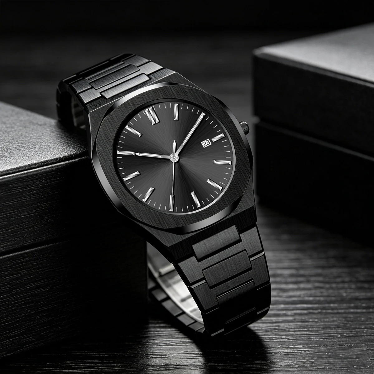 Men's Minimalist Green Sunburst Dial Quartz Watch with Silver Stainless Steel Band