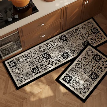 Tappeto impermeabile da cucina in PVC Tappeti neri Tappeto antiscivolo in pelle Tappetini lunghi resistenti all'olio Tappeti decorativi per la casa retrò americani 1