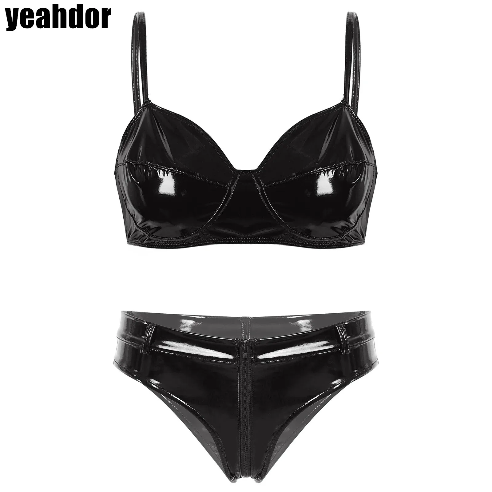 

Womens Wet Look Patent Leather Lingerie Set Wire-free No Pad Bra Top with Zipper Crotch Low Waist Briefs Sexy Clubwear