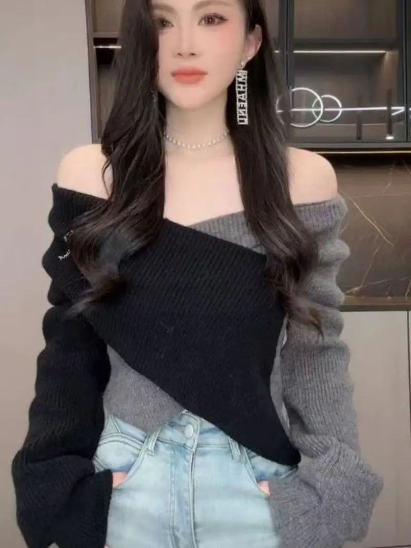 2025 Women Autumn Winter Sweater Korean New Design Elegant Cross V-neck Off Shoulder Knit Thickened Sexy Pullover Sweater 6