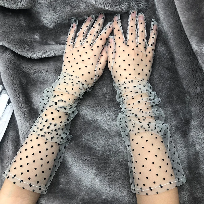 Fashion Dot Lace Long Gloves Female Elegant Stretch Tulle Mesh Semi Sheer Women Full Finger Mittens Bride Wedding Black Golves