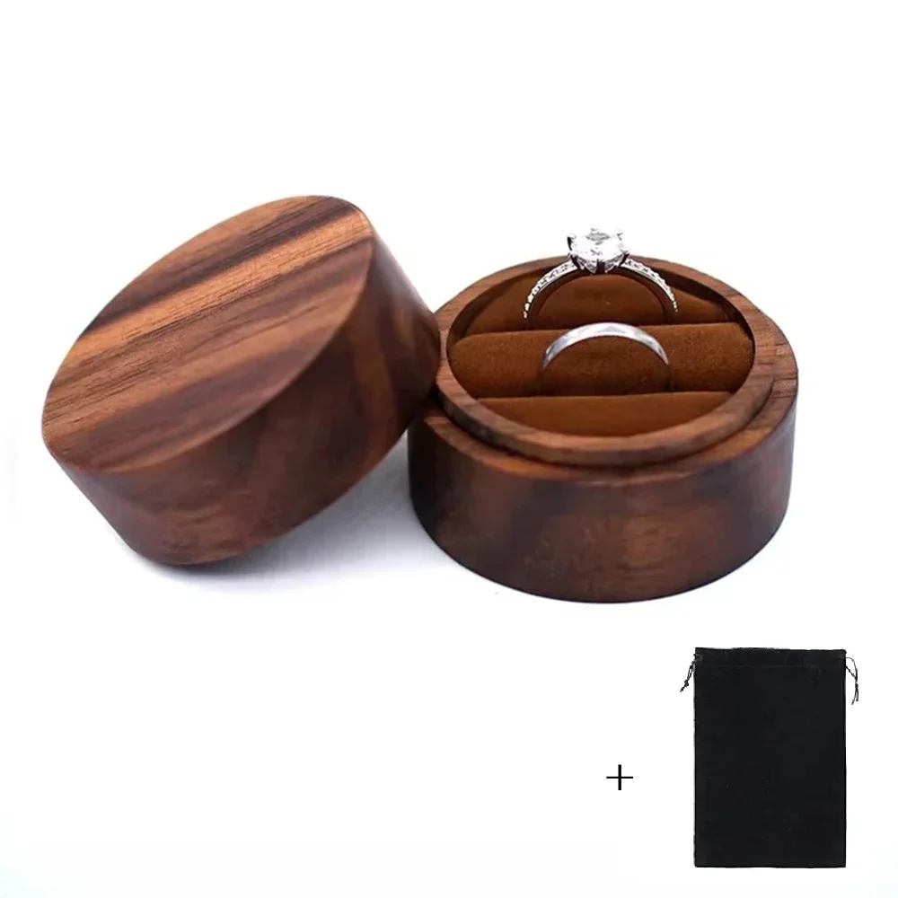 Customized Walnut Wood Round Ring Box with Clear Cover - Free Name and Date Engraving