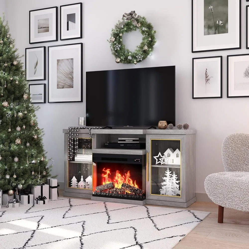 57" TV Stand with 23" Electric Fireplace Heater with Sound, Center for TVs Up to 65", with 3-Side Glass Display Fireplace 4