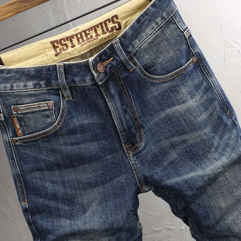 Fashion Vintage Men Jeans High Quality Retro Washed Blue Elastic Stretch Slim Fit Ripped Jeans Men Casual Designer Denim Pants