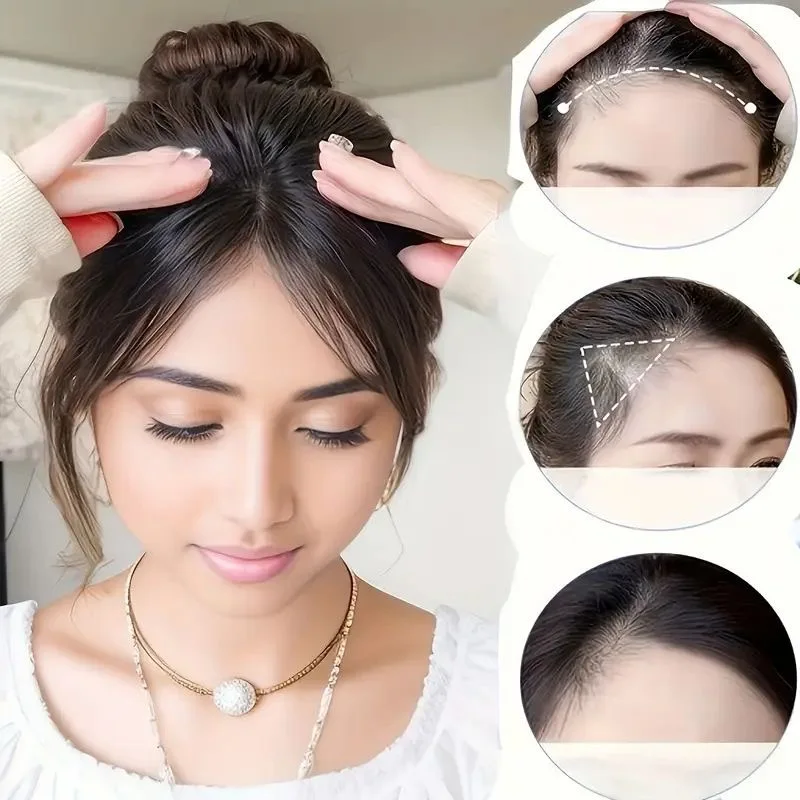 1 confezione di frangia per donna, dall'aspetto naturale per la parte superiore della testa e l'area frontale, capelli sintetici, frangia angolata e arricciata. - immagine 3