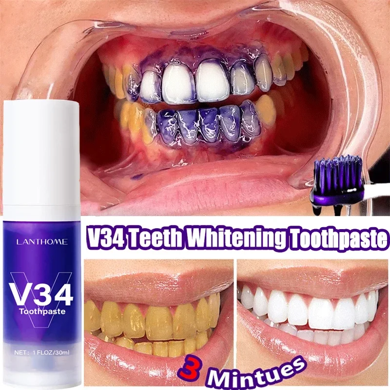 

V34 Purple Teeth Whitening Toothpaste Removal Plaque Stain Reduce Yellowing Oral Clean Fresh Breath Color Corrector Tooth Care